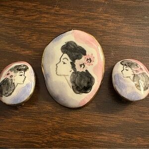 Hand Painted Brooch and Earring Set in Pink, Lavender & Black